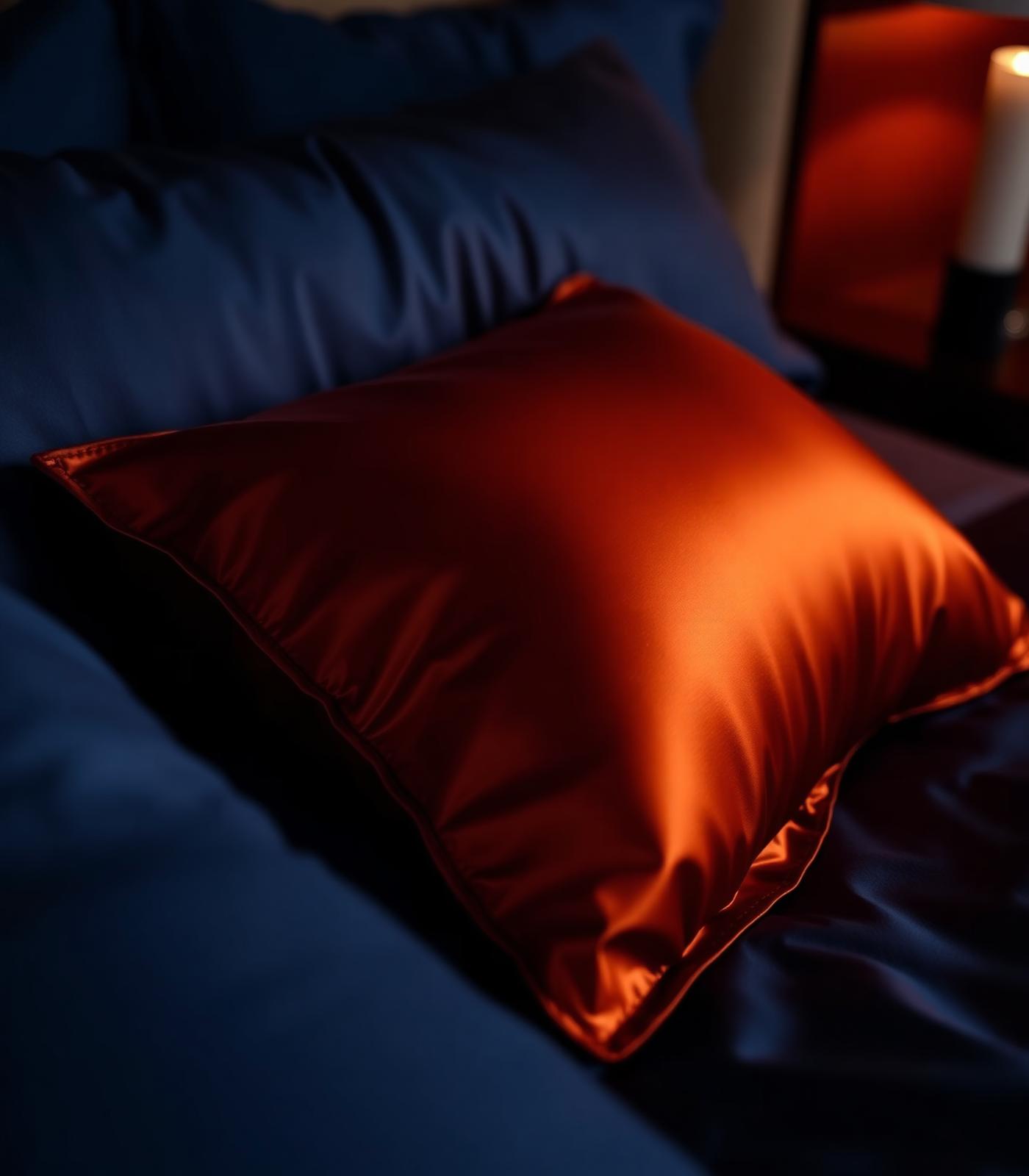Copper satin pillow on midnight blue silk sheets